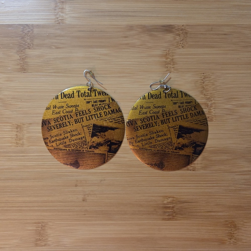 Vintage Yellow Nova Scotia Newspaper Article‎ Large 2.5" Round Dangle Earrings